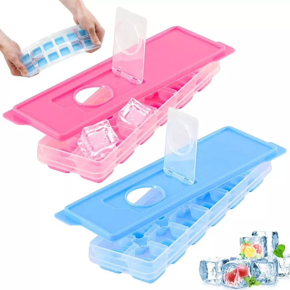12 Molds Square Sillicone Ice Cube Tray W/Lid BPA FREE AST Color (3 Pack)