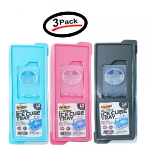 12 Molds Square Sillicone Ice Cube Tray W/Lid BPA FREE AST Color (3 Pack)
