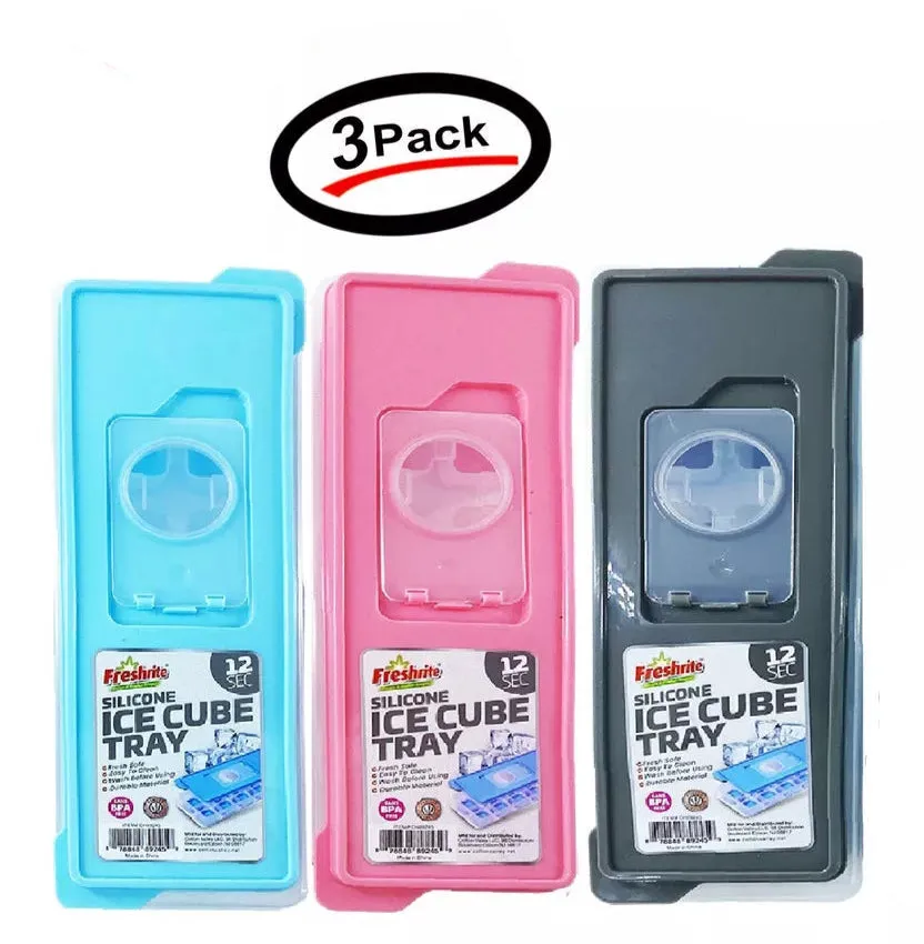 12 Molds Square Sillicone Ice Cube Tray W/Lid BPA FREE AST Color (3 Pack)