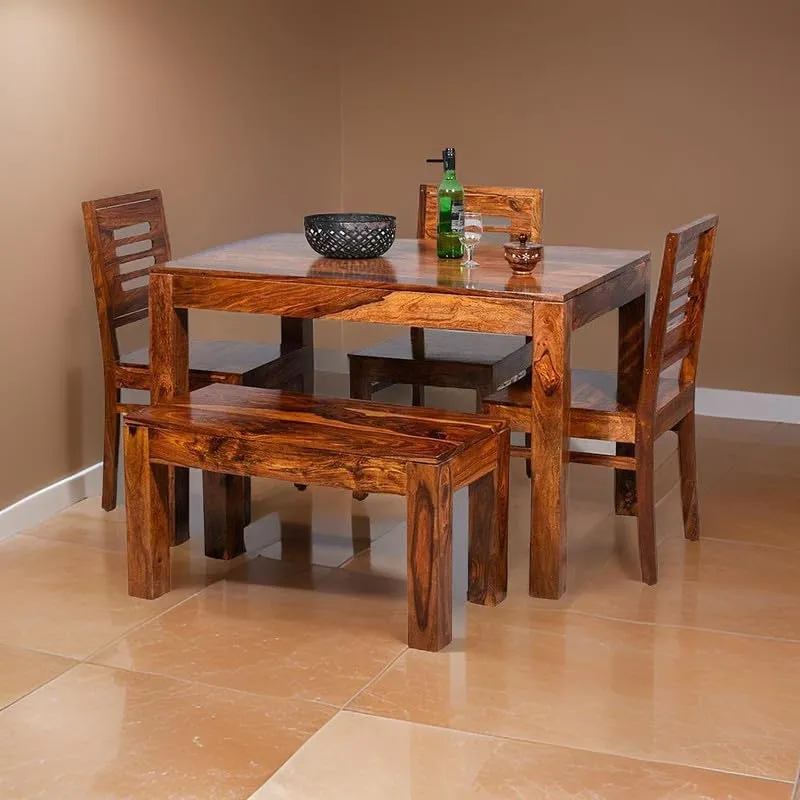 ADOUER WOOD Solid Sheesham Wood 4 Seater Dining Table Set with 3 Chairs and 1 Bench for Dining Room Home (Honey Finish)
