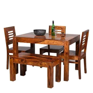 ADOUER WOOD Solid Sheesham Wood 4 Seater Dining Table Set with 3 Chairs and 1 Bench for Dining Room Home (Honey Finish)