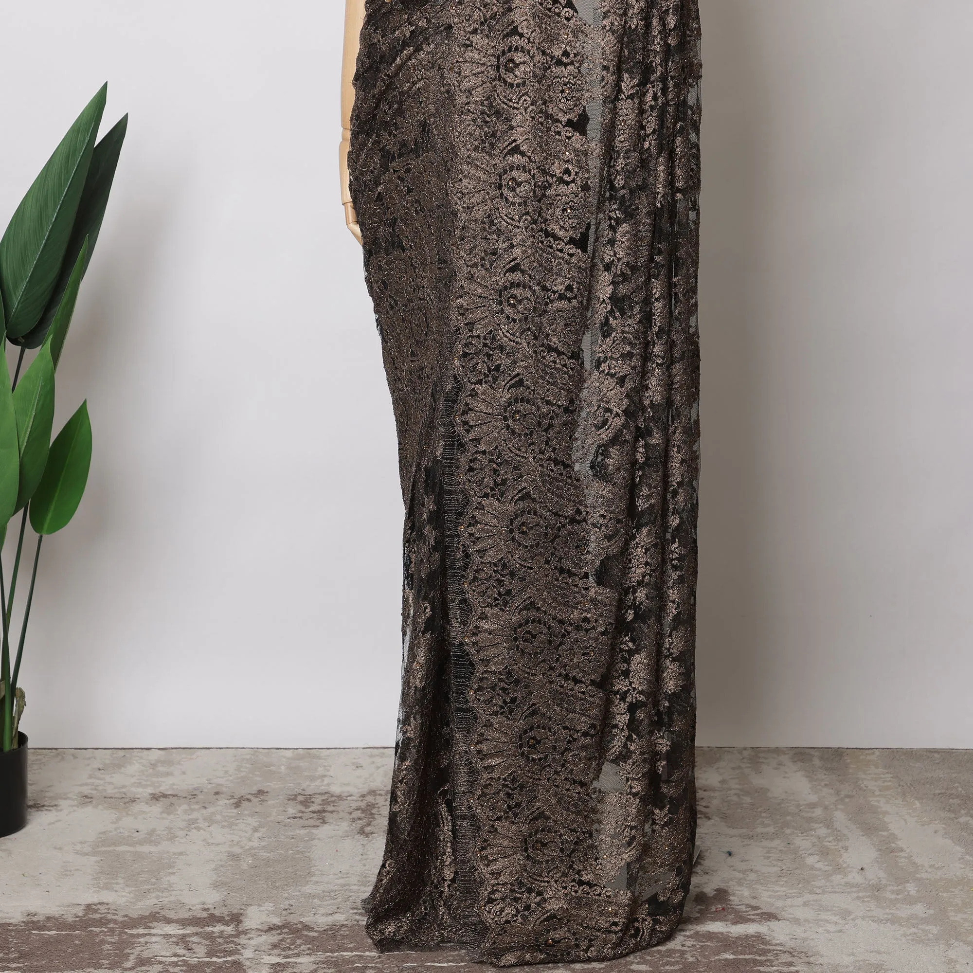 Antique Bronze French Metallic Chantilly Lace Fabric with Stone Work, 5.5 Meters-110 Cms-D21041