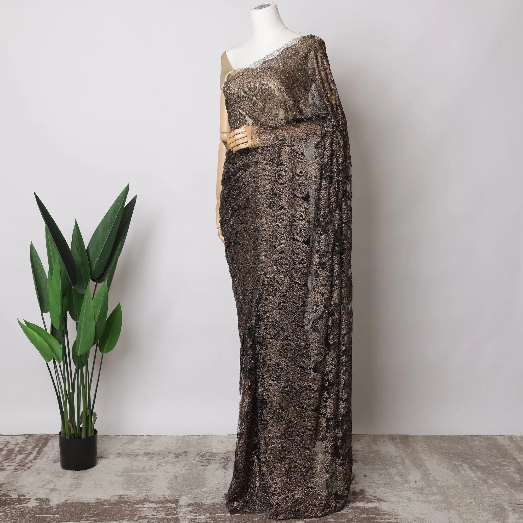 Antique Bronze French Metallic Chantilly Lace Fabric with Stone Work, 5.5 Meters-110 Cms-D21041