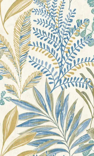 Blue & Yellow Light Leaf Motif Tropical Wallpaper R7959