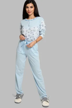 Blue Floral Bouquet Print Satin Bow Detail Pyjama Set