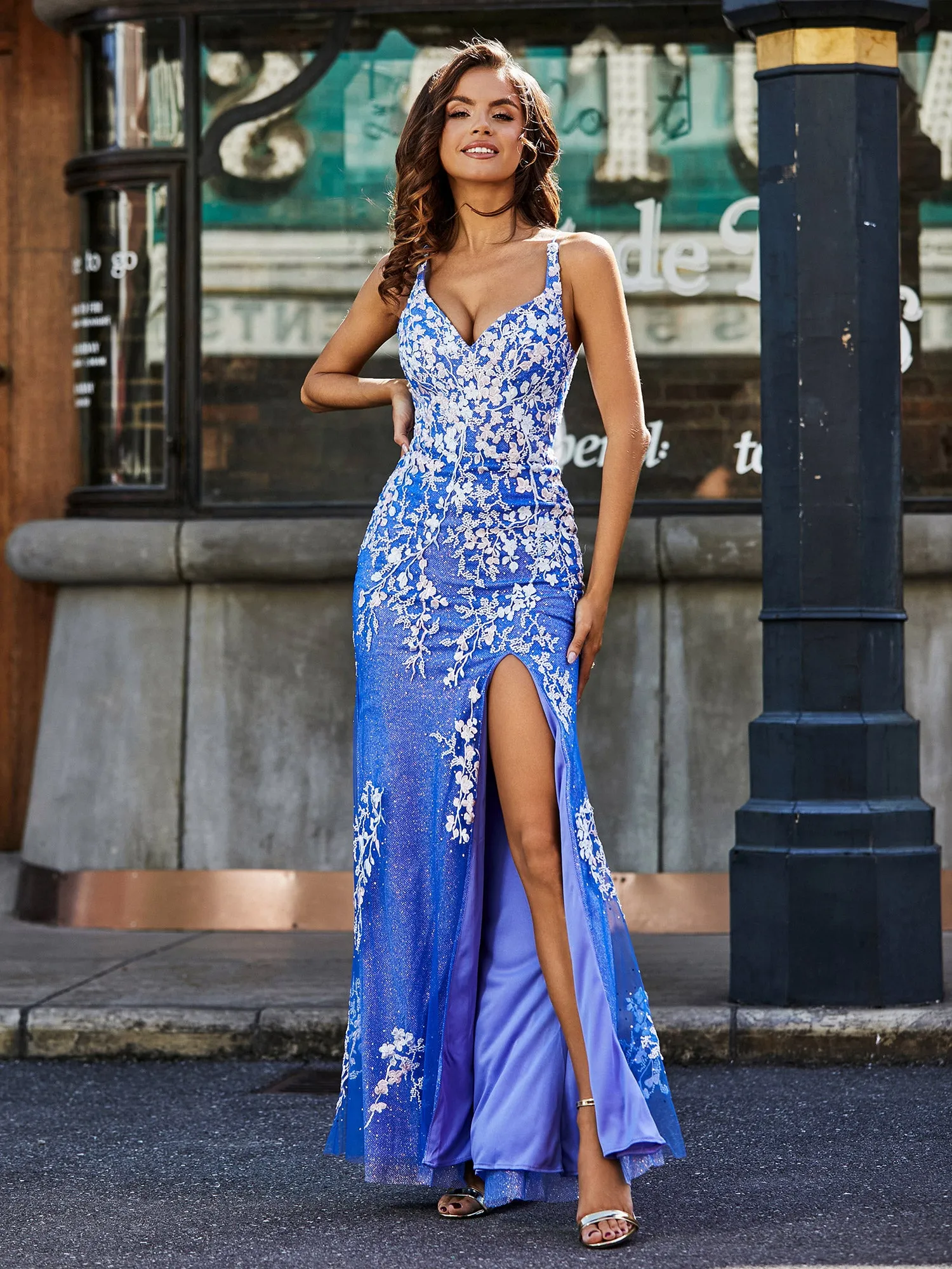 Bodycon High Slit Lace Up Back Tulle Gown Royal Blue