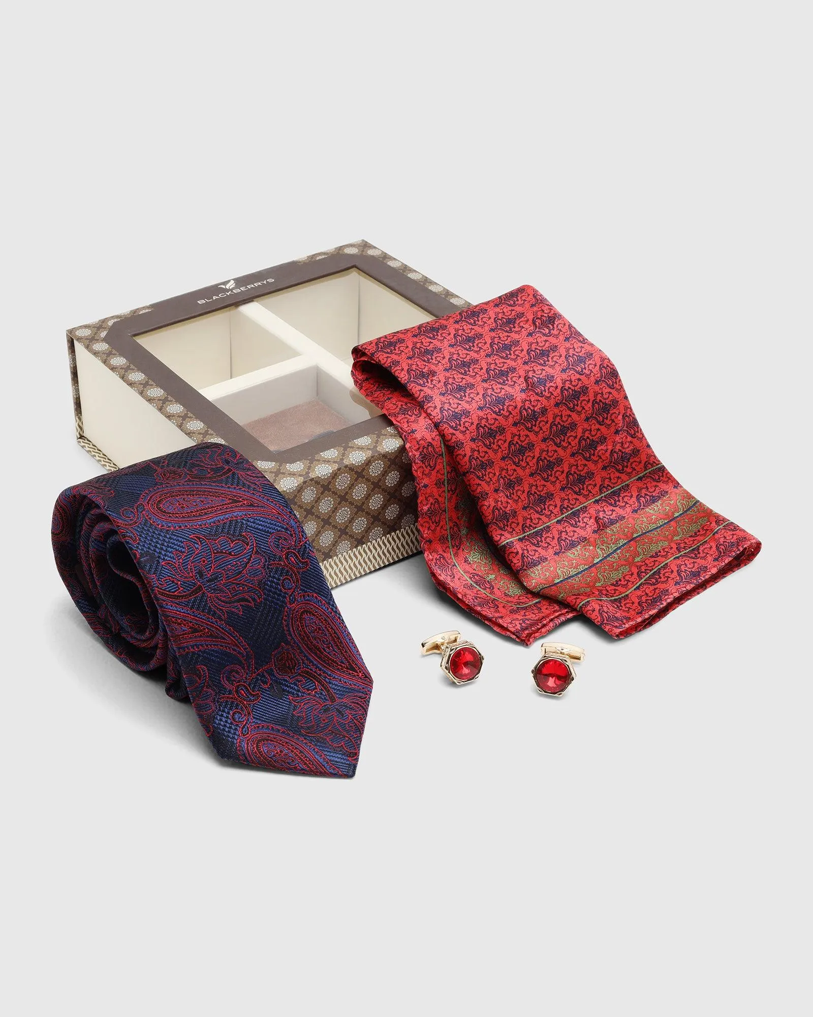 Boxed Combo Printed Tie With Pocket Square And Cufflink In Maroon - Toad