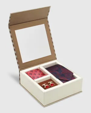 Boxed Combo Printed Tie With Pocket Square And Cufflink In Maroon - Toad