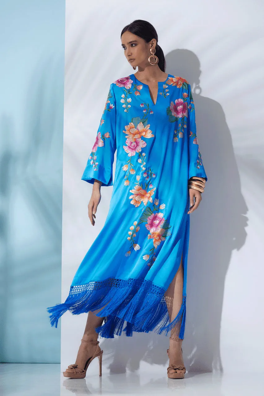 Couture Hanabi Embroidered Fringe Silk Caftan