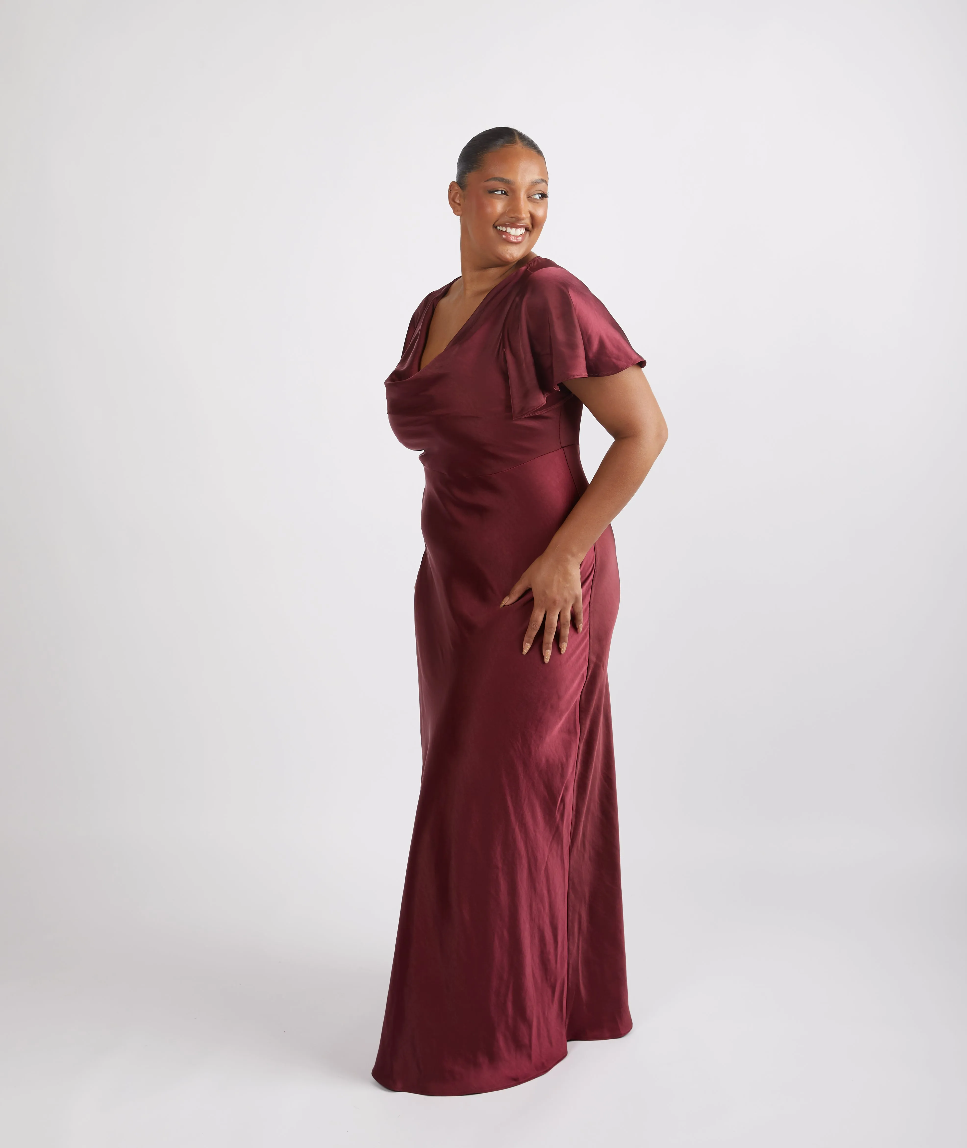 Cowl Front Satin Short Sleeve Bridesmaid Dress - Deep Wine