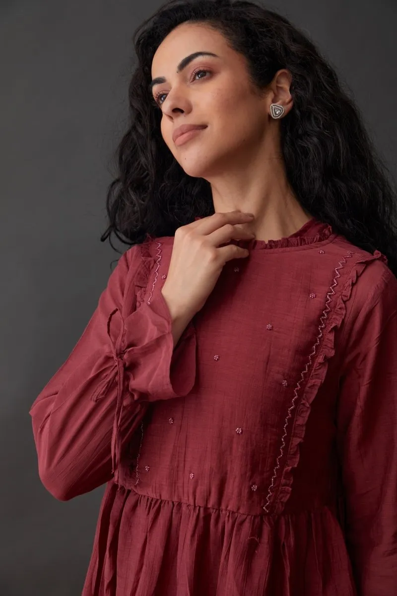 Cupro Crinkle Dress-Red Plum