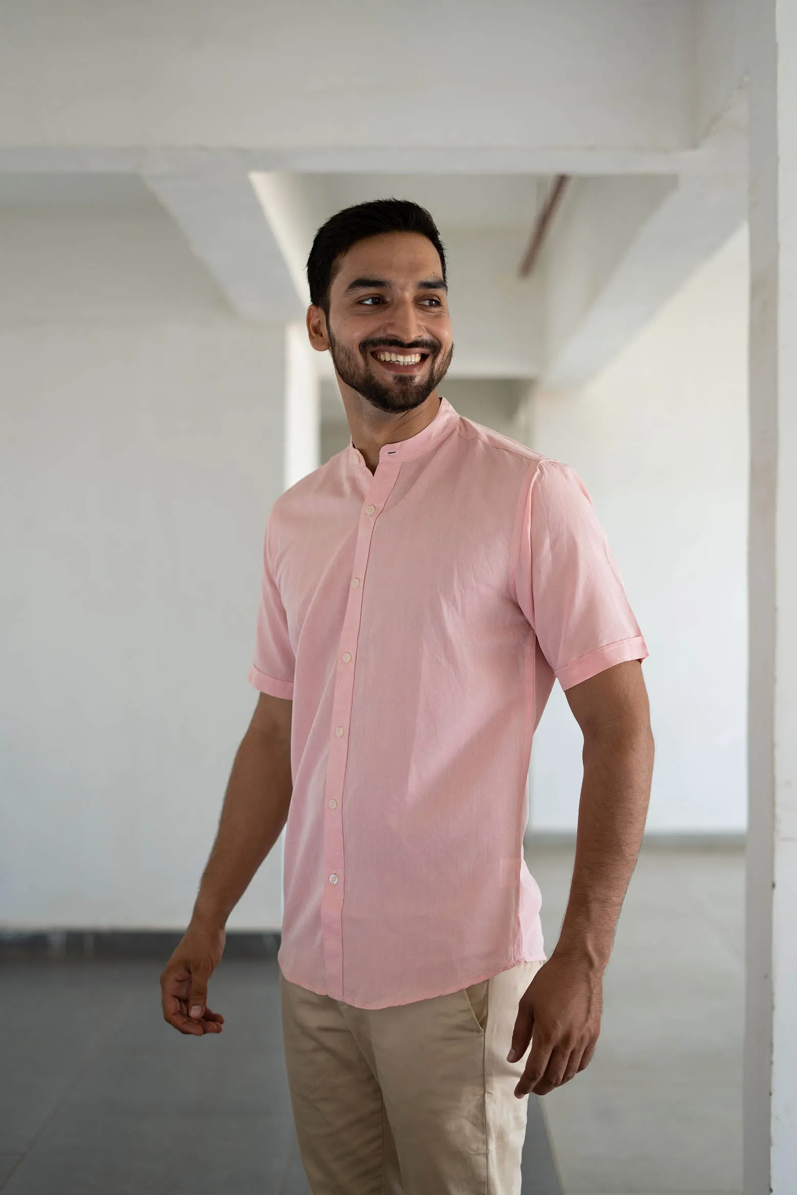 Earthy Route Charm pink · half sleeve mandarin collar shirt