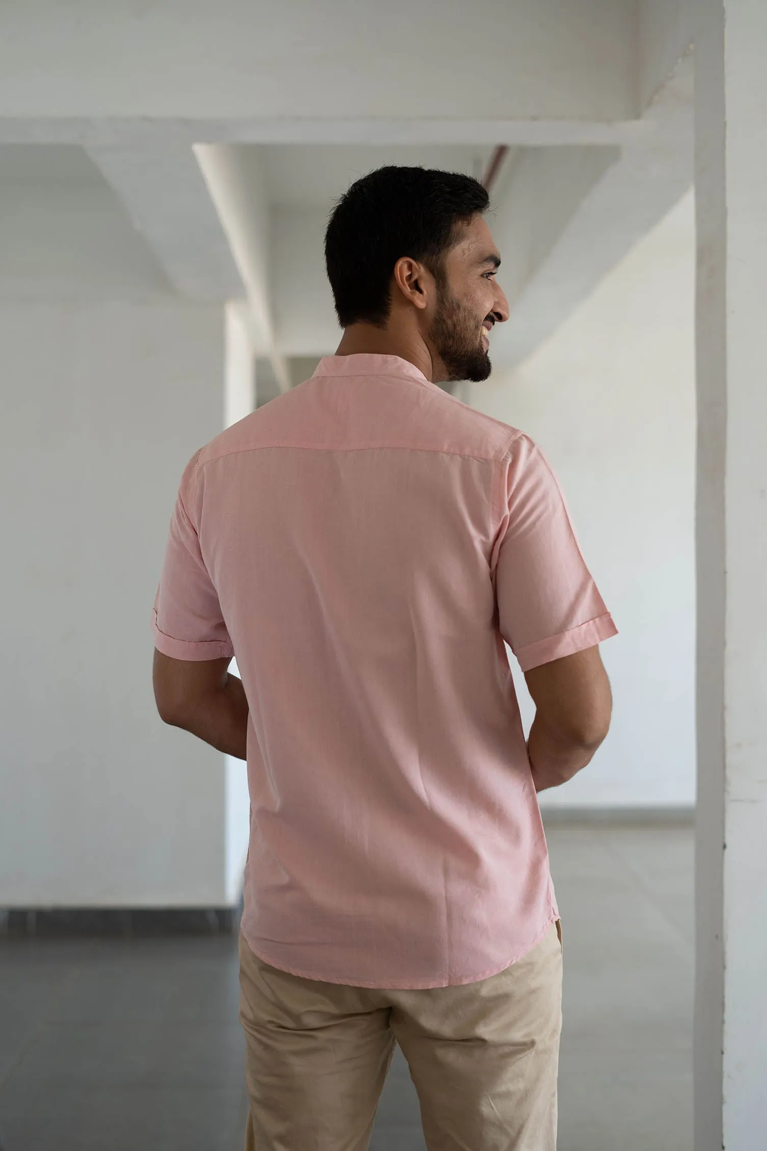 Earthy Route Charm pink · half sleeve mandarin collar shirt