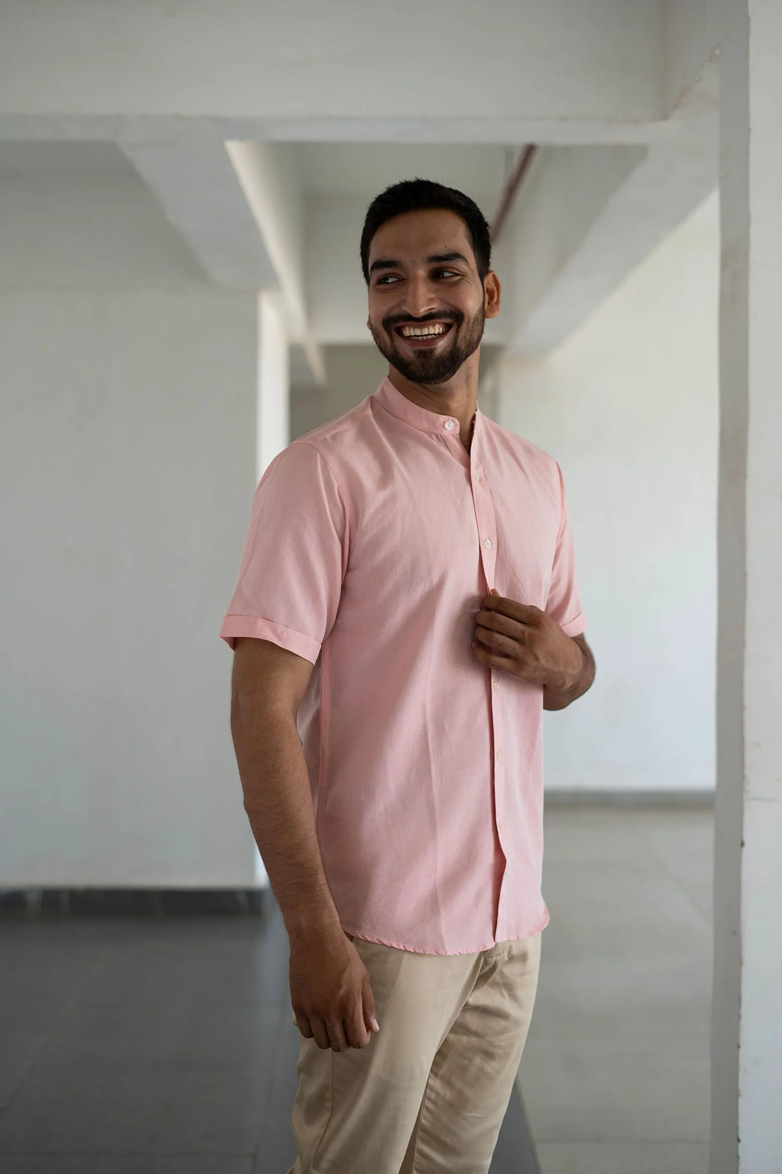 Earthy Route Charm pink · half sleeve mandarin collar shirt