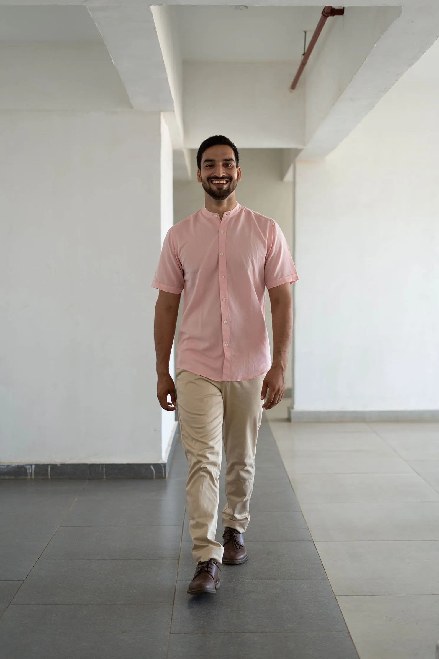 Earthy Route Charm pink · half sleeve mandarin collar shirt