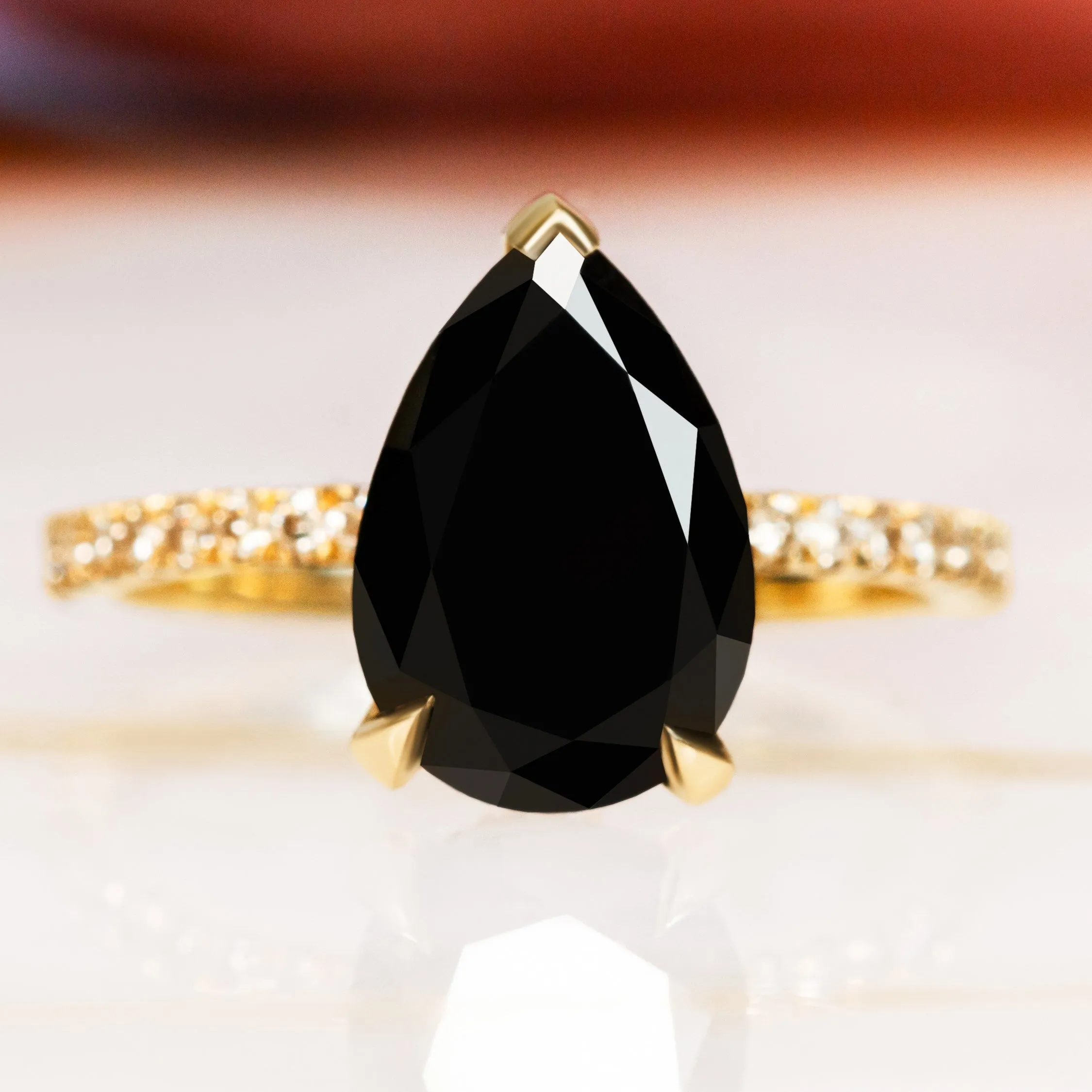 Forbidden Fruit - Hidden Halo Natural Black Diamond Pear Engagement Ring in Yellow Gold