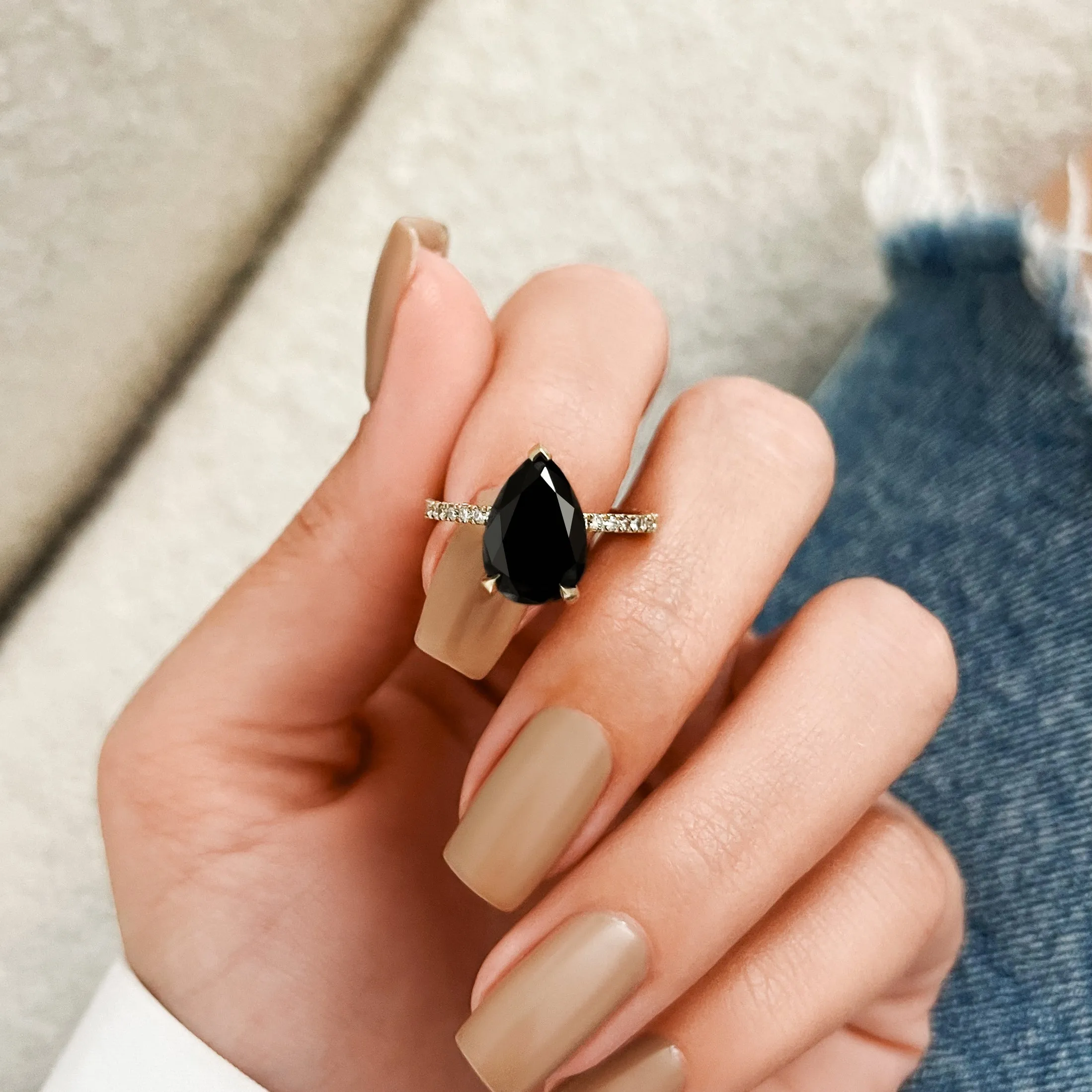 Forbidden Fruit - Hidden Halo Natural Black Diamond Pear Engagement Ring in Yellow Gold