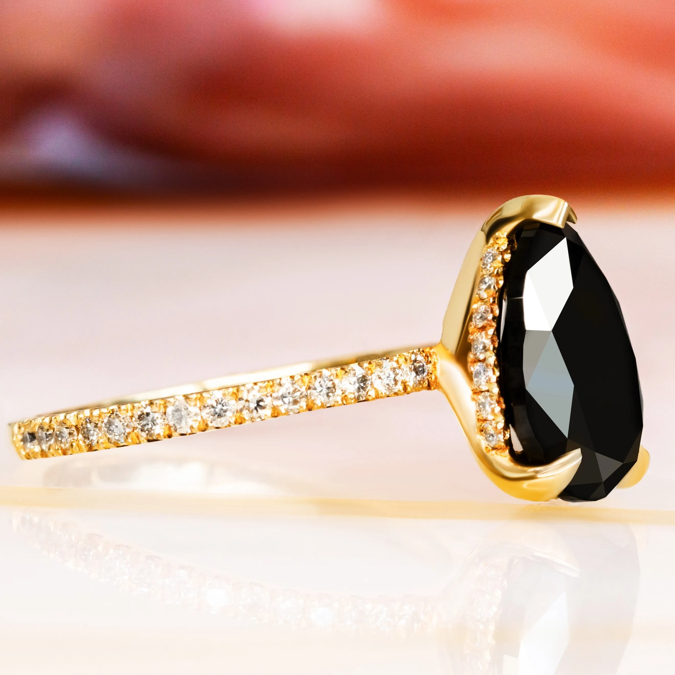 Forbidden Fruit - Hidden Halo Natural Black Diamond Pear Engagement Ring in Yellow Gold