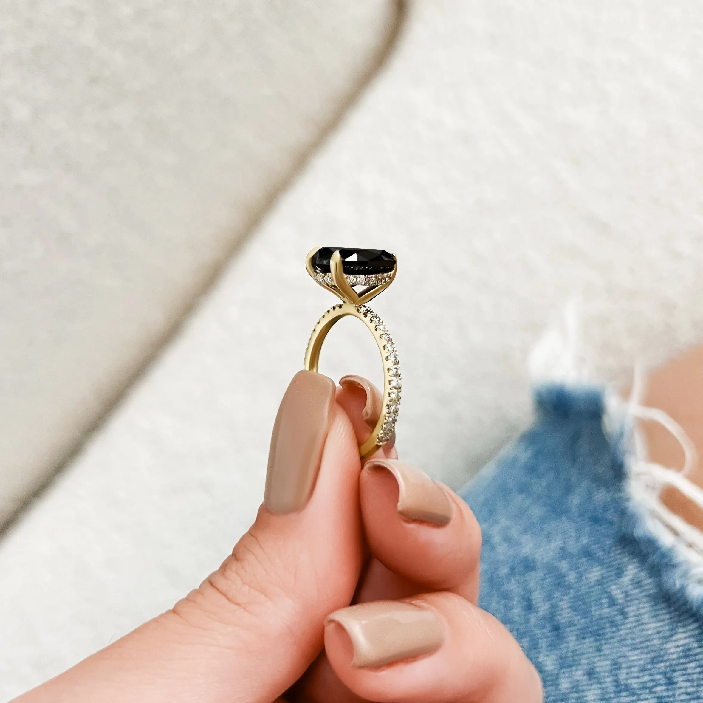 Forbidden Fruit - Hidden Halo Natural Black Diamond Pear Engagement Ring in Yellow Gold