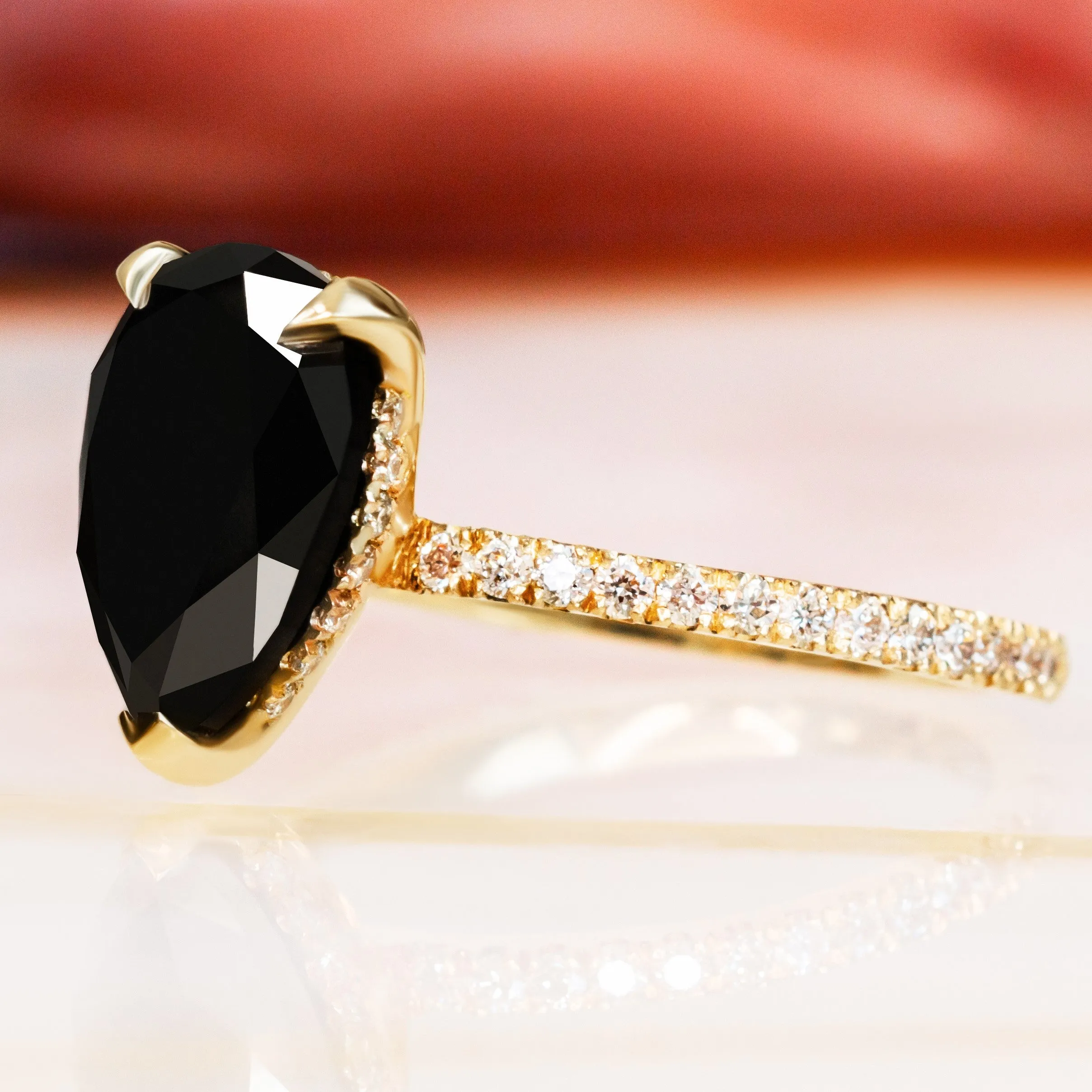 Forbidden Fruit - Hidden Halo Natural Black Diamond Pear Engagement Ring in Yellow Gold