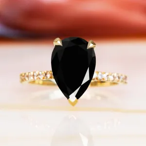 Forbidden Fruit - Hidden Halo Natural Black Diamond Pear Engagement Ring in Yellow Gold
