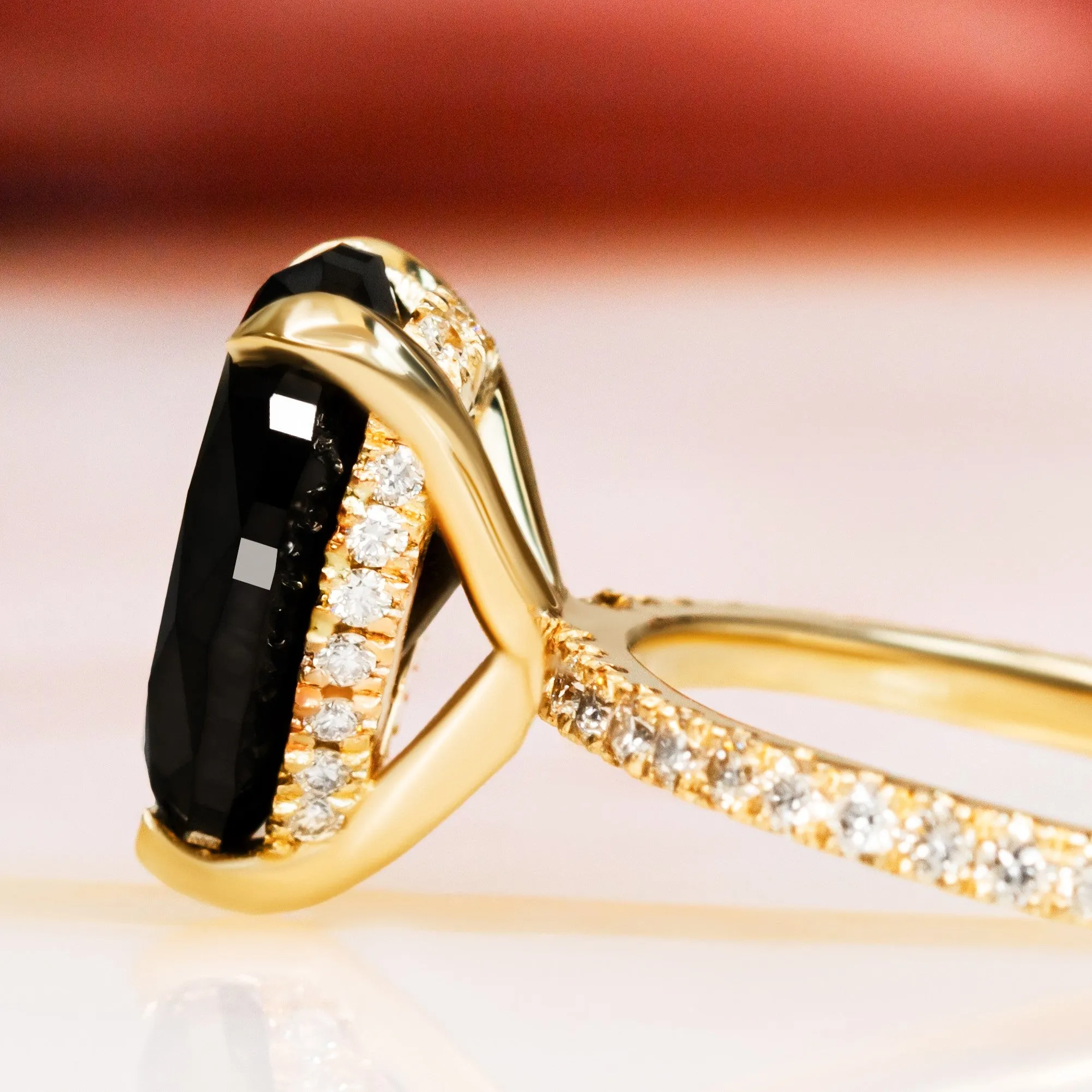 Forbidden Fruit - Hidden Halo Natural Black Diamond Pear Engagement Ring in Yellow Gold