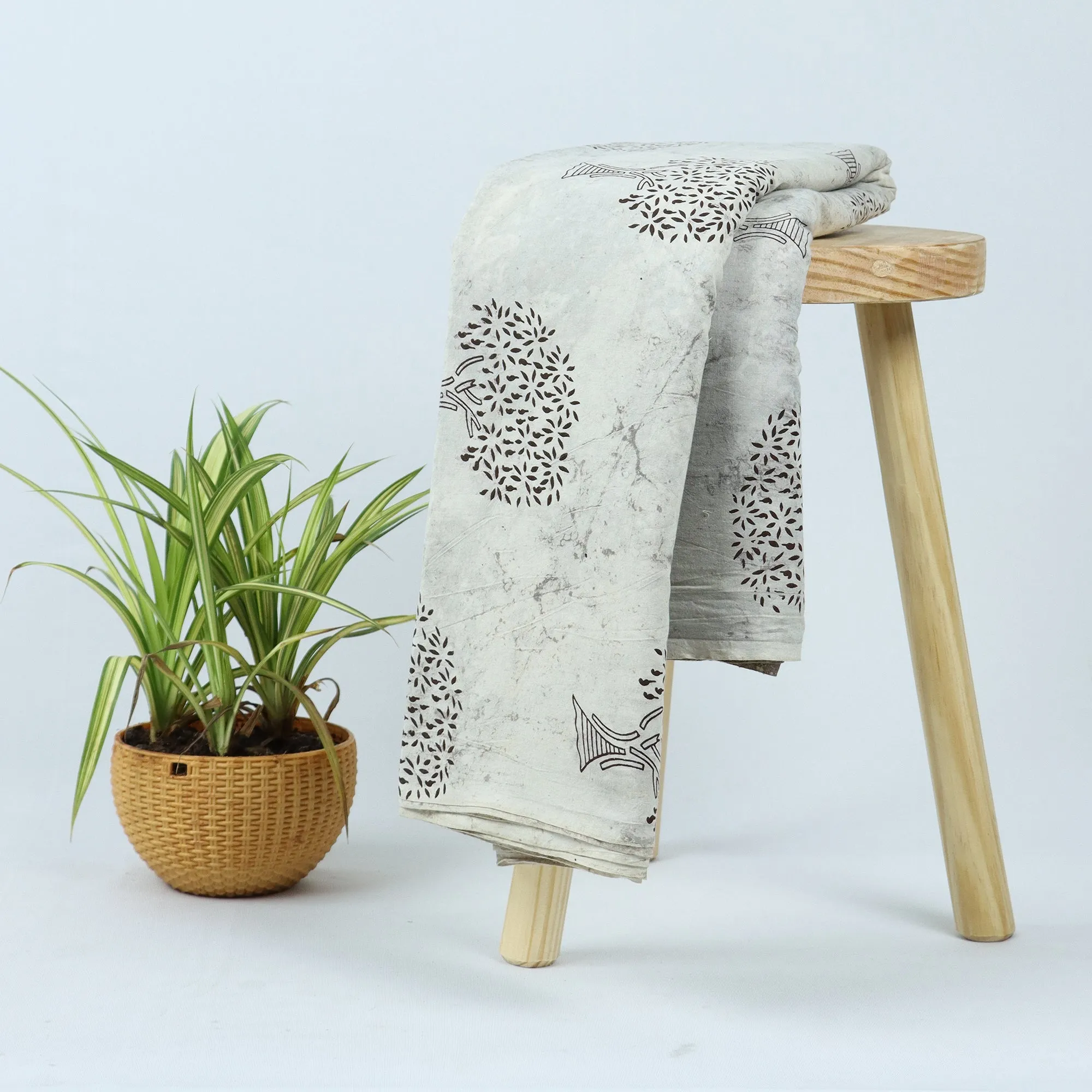 Grey Premium Soft Cotton Block Print Silk Fabric