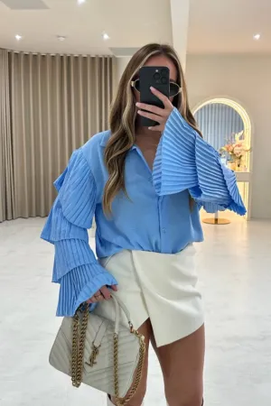 India blue frill arm long sleeve shirt
