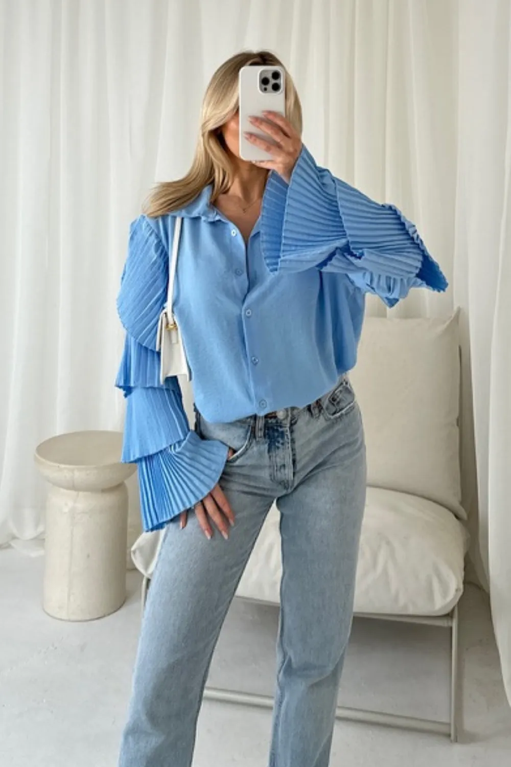 India blue frill arm long sleeve shirt