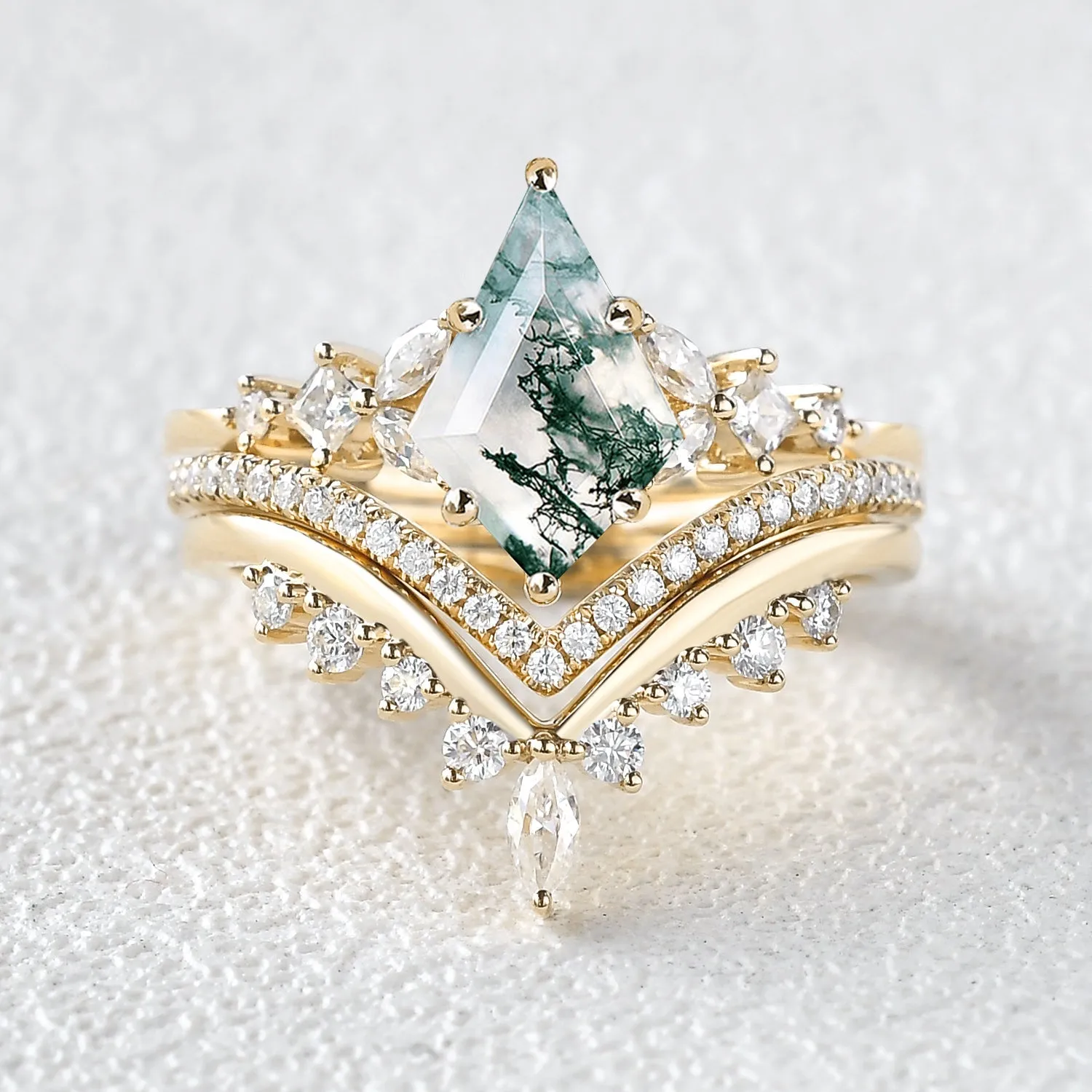 Kite Cut Moss Agate Stacking Luxurious Engagement Bridal Set 3pcs