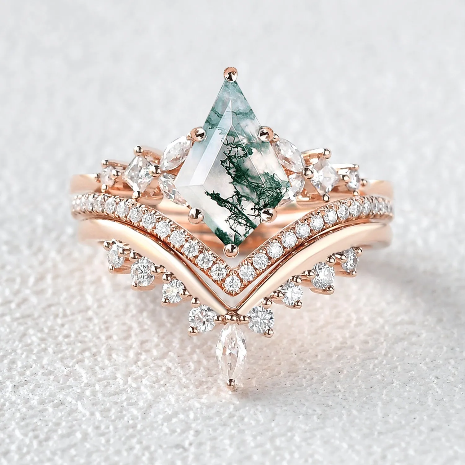 Kite Cut Moss Agate Stacking Luxurious Engagement Bridal Set 3pcs