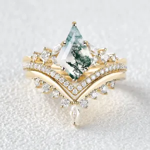 Kite Cut Moss Agate Stacking Luxurious Engagement Bridal Set 3pcs