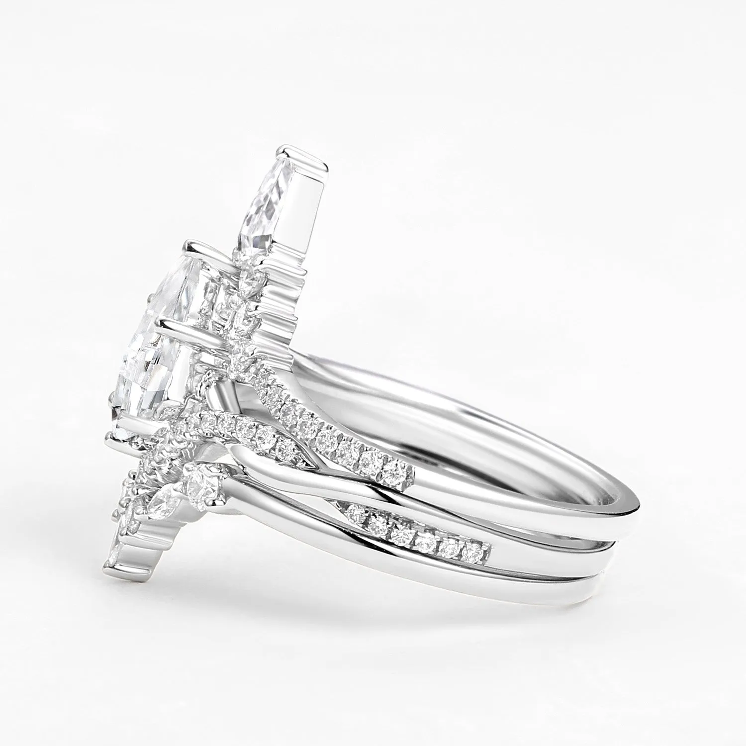 Kite Cut White Gold Moissanite Luxurious Engagement Bridal Set 3pcs