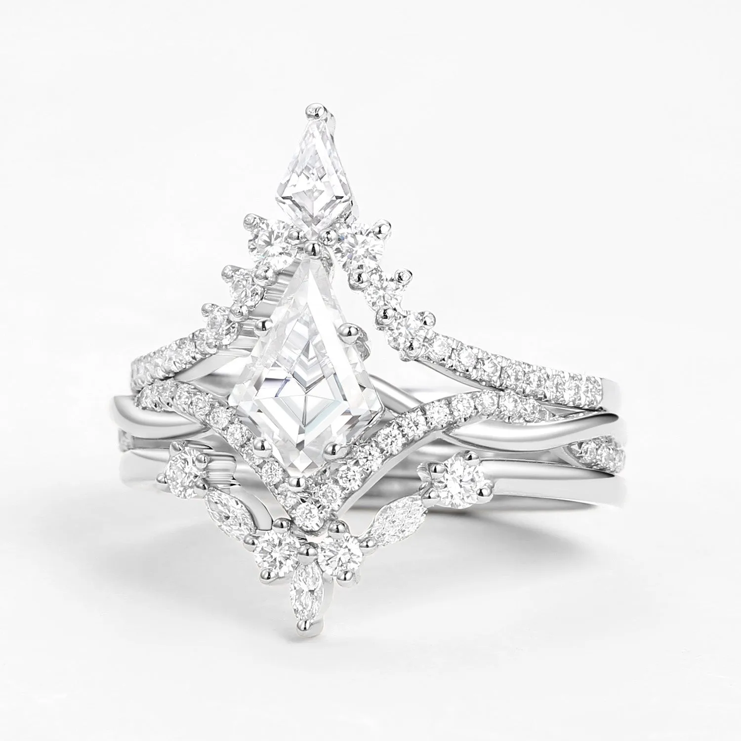 Kite Cut White Gold Moissanite Luxurious Engagement Bridal Set 3pcs