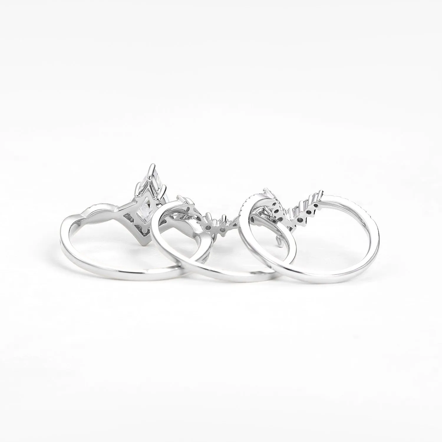 Kite Cut White Gold Moissanite Luxurious Engagement Bridal Set 3pcs