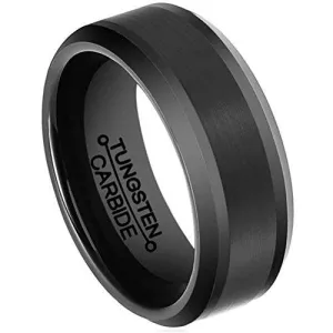 Men 8mm Black Tungsten Matte Finish Center Carbide Ring Wedding Engagement Band Comfort Fit