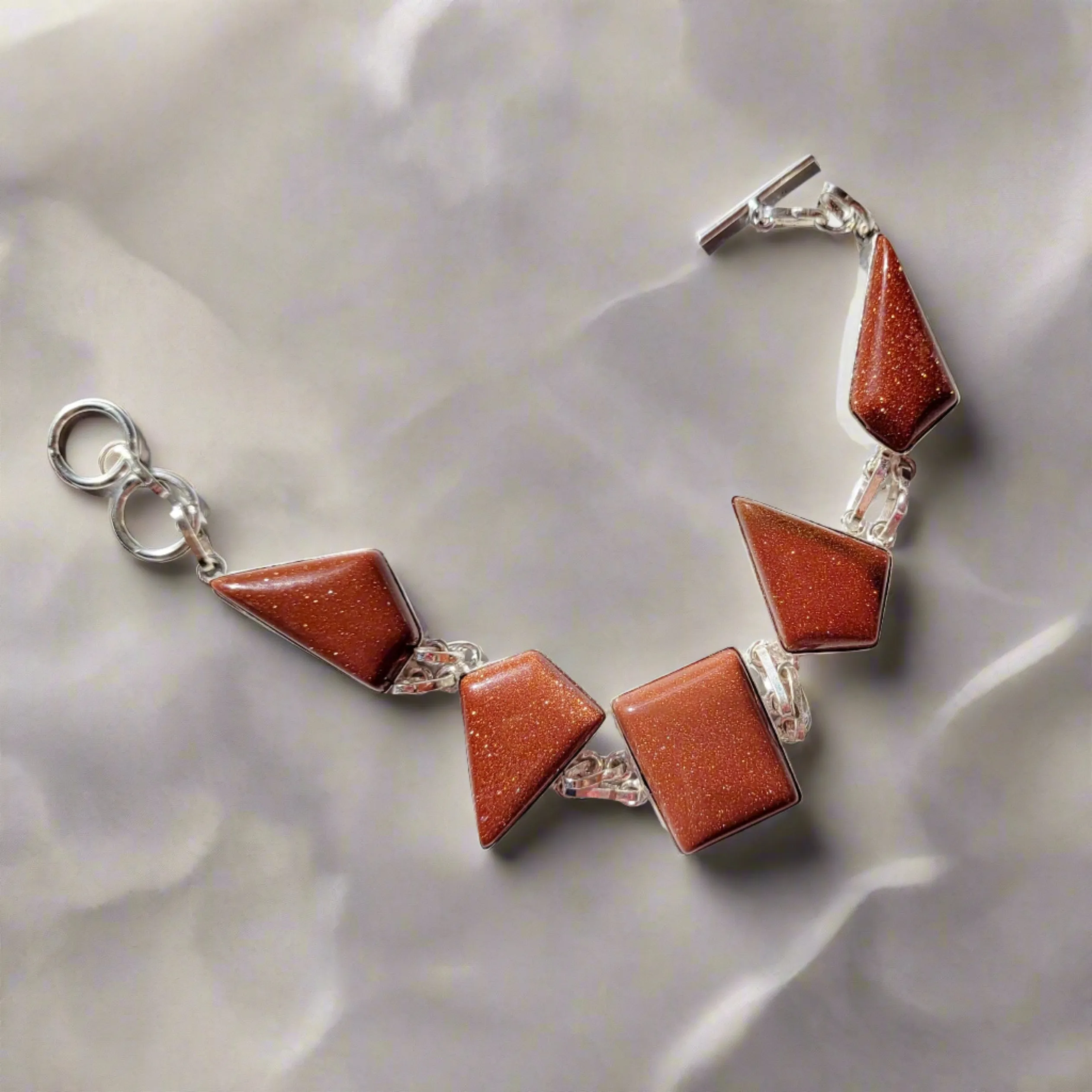 Radiant Golden Sandstone & Sterling Silver Double Link Statement Bracelet – Effortless Elegance & Modern Sophistication
