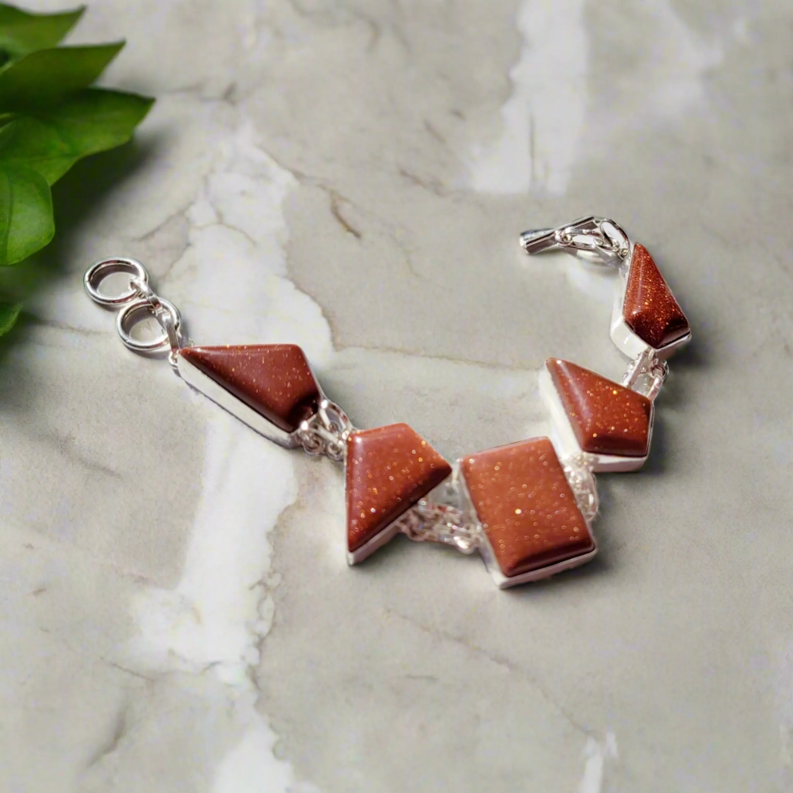 Radiant Golden Sandstone & Sterling Silver Double Link Statement Bracelet – Effortless Elegance & Modern Sophistication