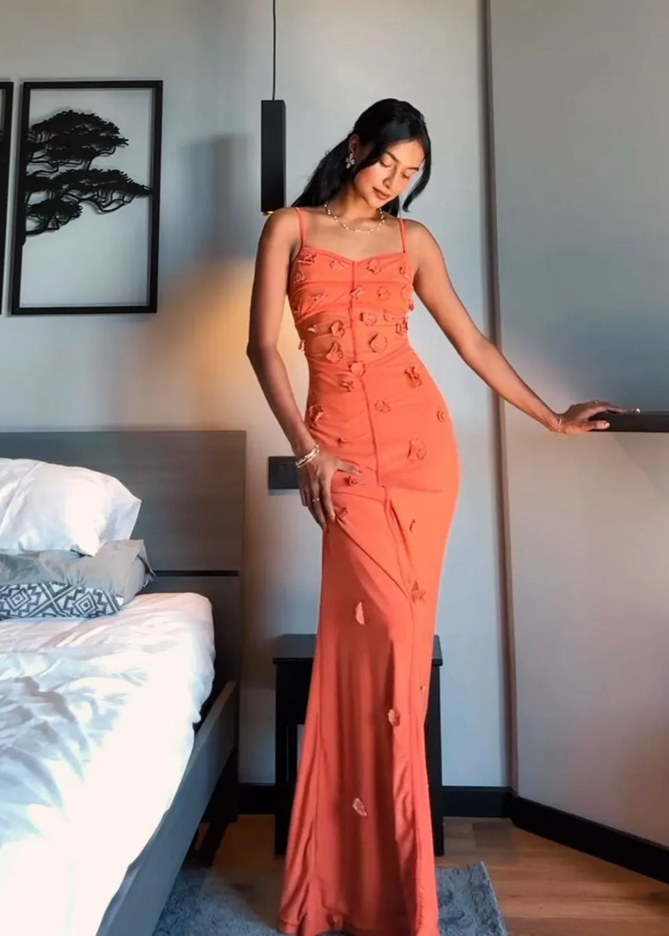 Salomi Rust 3D Flower Bodycon Dress