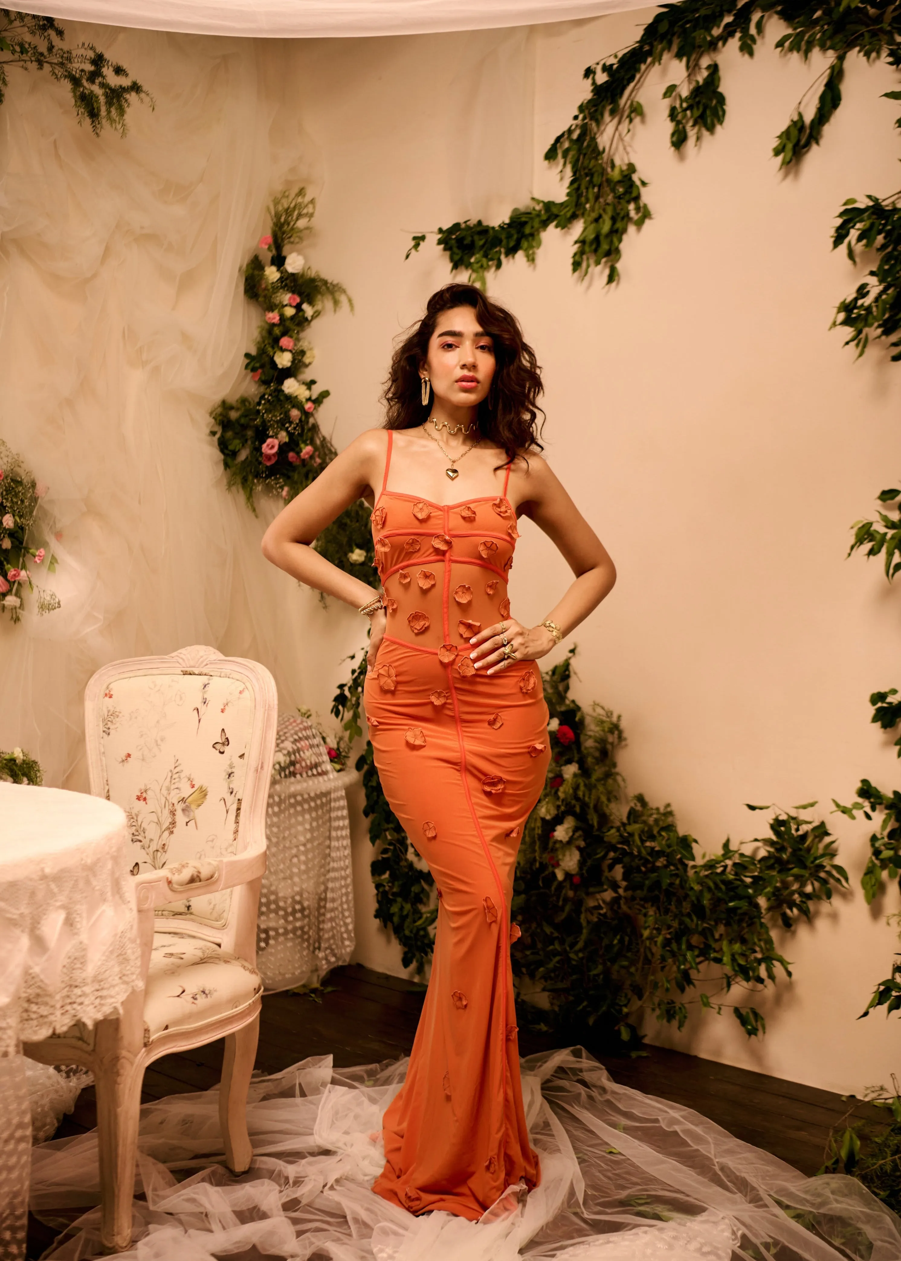Salomi Rust 3D Flower Bodycon Dress