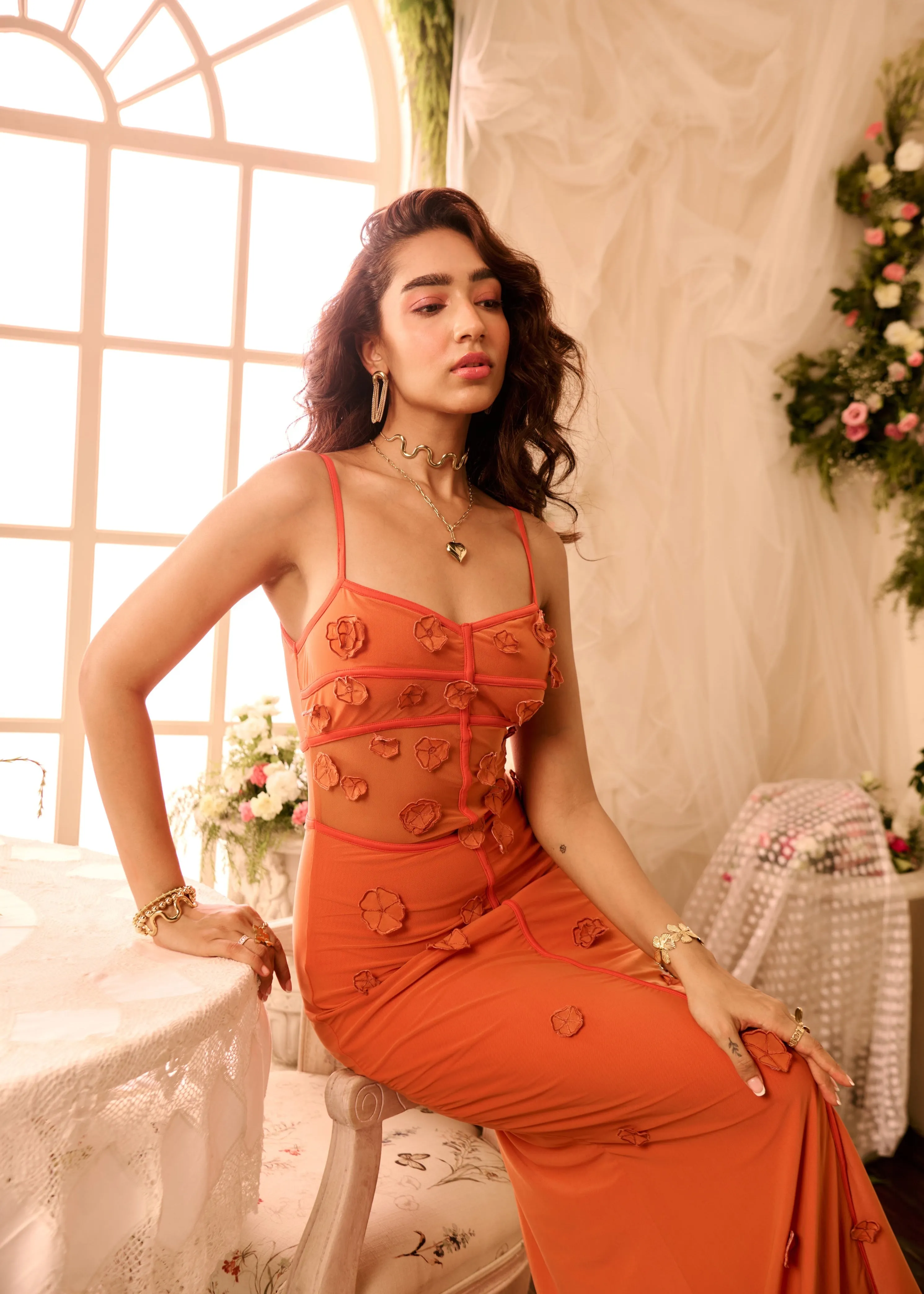 Salomi Rust 3D Flower Bodycon Dress