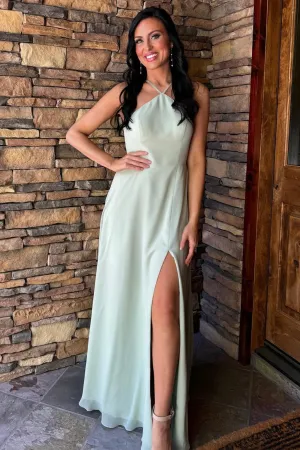 Sheath Sage Halter Chiffon Wedding Guest Dress with Slit