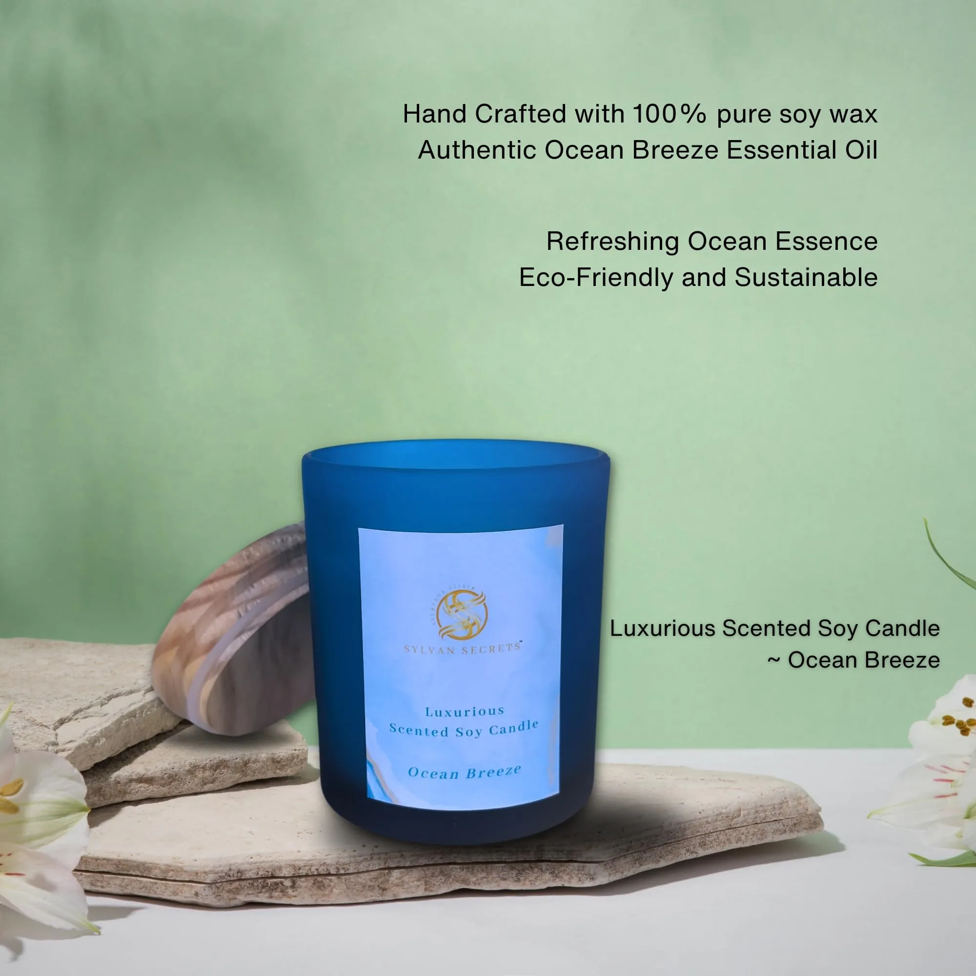 Sylvan Secrets Luxurious Scented Soy Candle Ocean Breeze | Pure & Natural Oil & Fragrance | Invigorating Ocean Breeze Aroma 180 gm