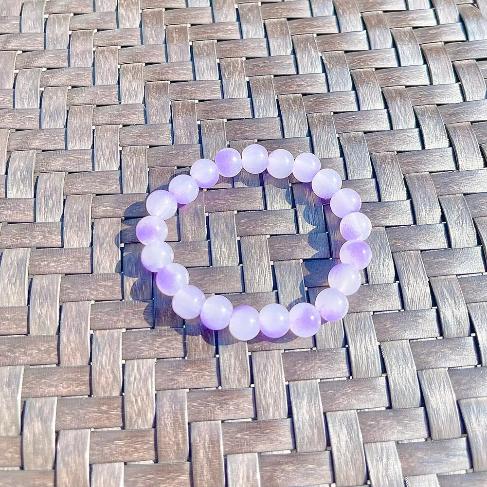 US Handmade Natural Soothing Healing Stone Smooth Purple/White Crystal Beaded Bracelet