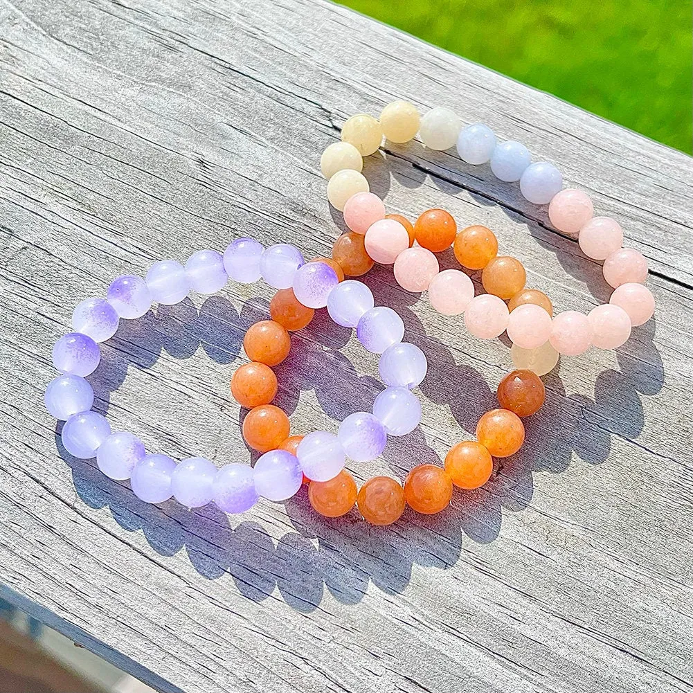 US Handmade Natural Soothing Healing Stone Smooth Purple/White Crystal Beaded Bracelet
