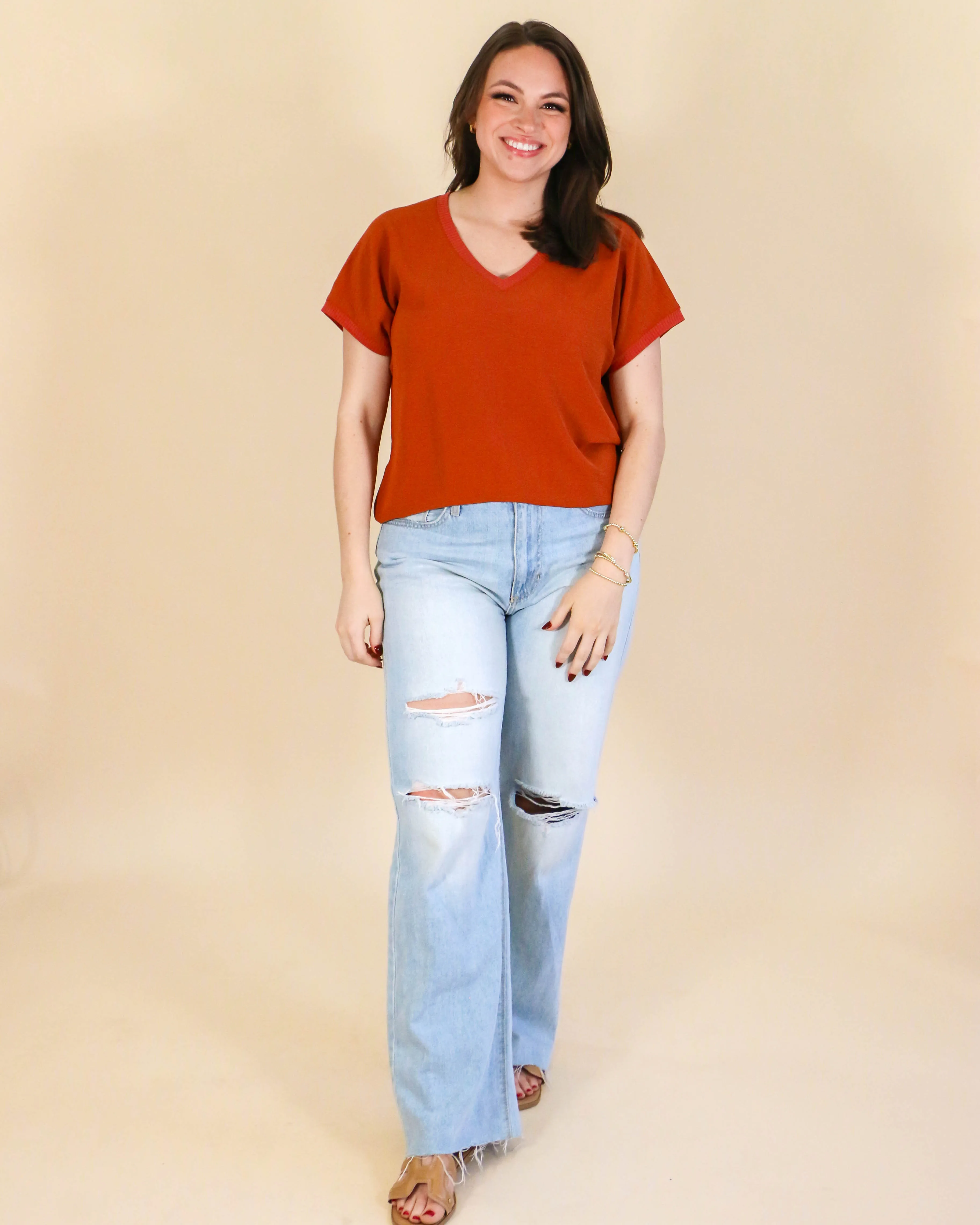 V-Neck Rib Trim Tee in Rust
